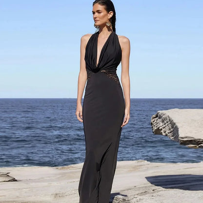 Halter Plunging V-Neck Draped Bust Lace Side Panel Bodycon Mermaid Maxi Gown