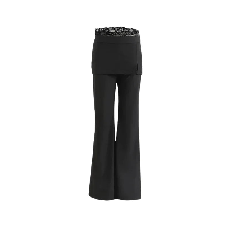 Women Lace Patch Strap Bootcut Pants white