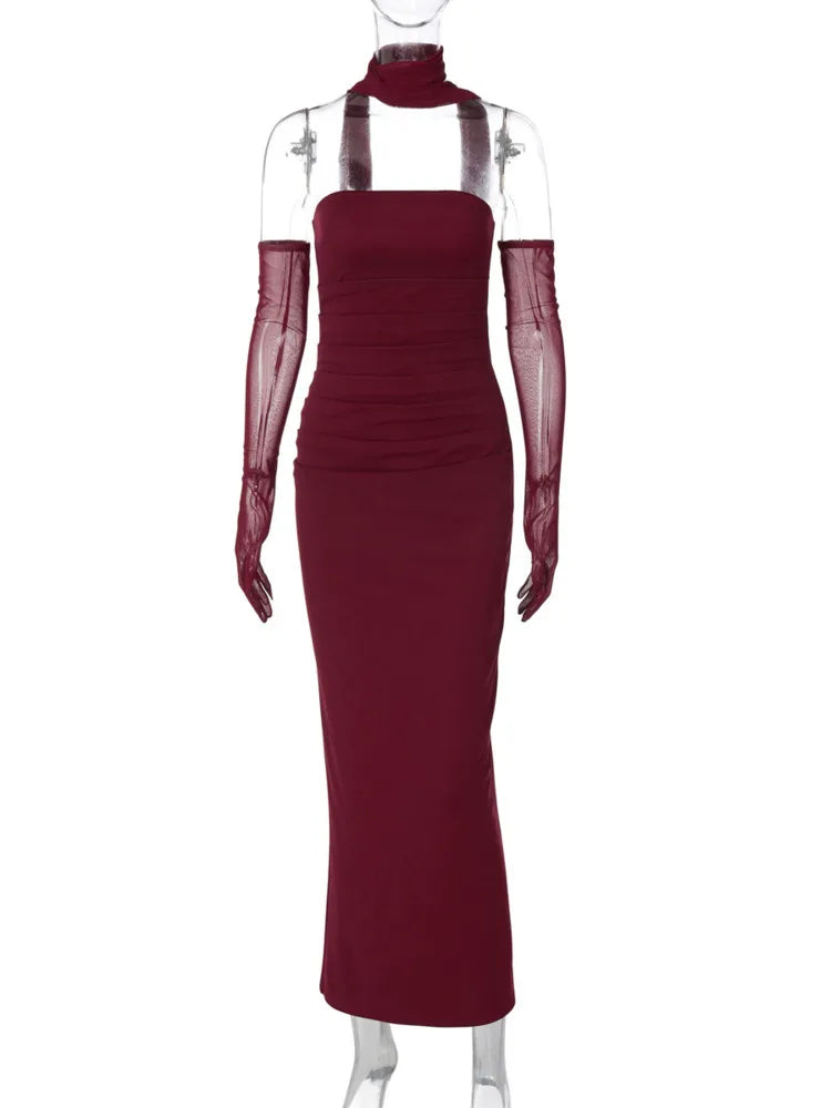 Strapless Ruched Waist Mesh Glove Bodycon Maxi Dress