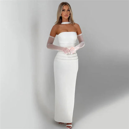 Strapless Ruched Waist Mesh Glove Bodycon Maxi Dress
