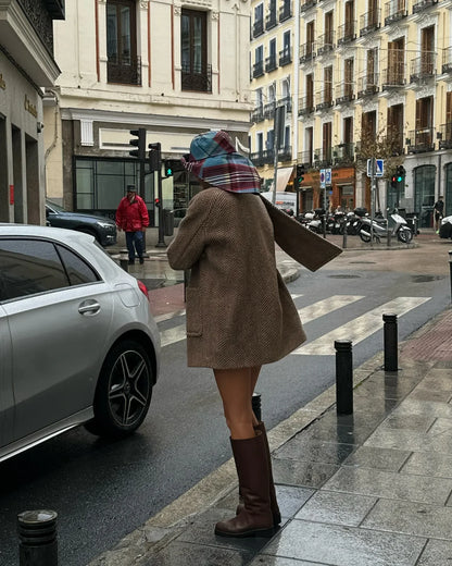Retro Striped Scarf Collar Wool Blends Jacket Women Chic Pockets Single Breasted Full Sleeve Coat Lady New Elegant Outwear