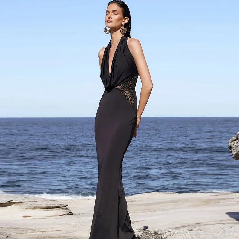 Halter Plunging V-Neck Draped Bust Lace Side Panel Bodycon Mermaid Maxi Gown