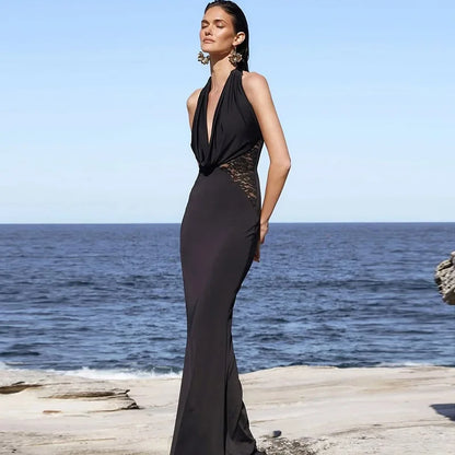 Halter Plunging V-Neck Draped Bust Lace Side Panel Bodycon Mermaid Maxi Gown