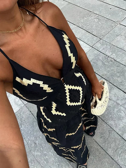 Sexy Backless Women Print Halter Maxi Dress Fashion Deep V-neck High Waist Split Dresses Summer Lady Loose High Street Robe
