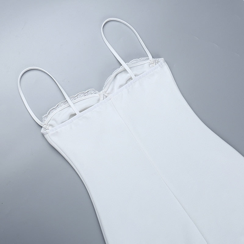 Lace Trim Rhinestone Chain Bustier Spaghetti Strap Mini Dress