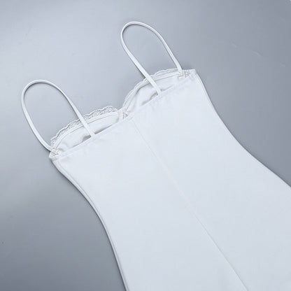 Lace Trim Rhinestone Chain Bustier Spaghetti Strap Mini Dress