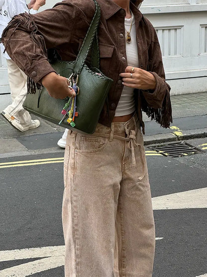 Fashion Tassels Patchwork Long Sleeve Suede Jacket Women Lapel Single Breasted Slim Short Coats 2024 Autumn Lady High Street Top