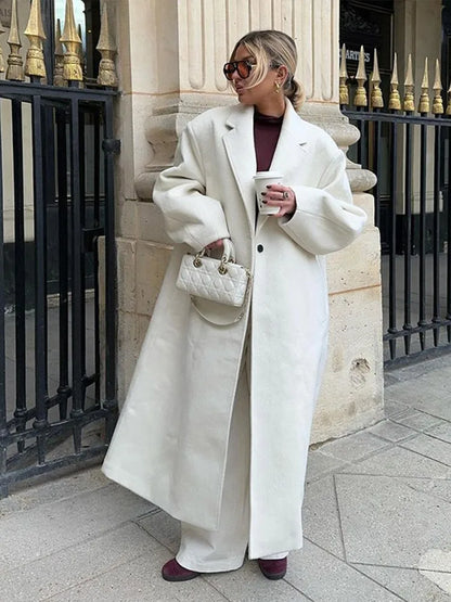 Casual Gray Striped Women Long Coats Elegant Woolen Lapel Long Sleeve Back Split Loose Jackets Autumn Chic Street Outwears
