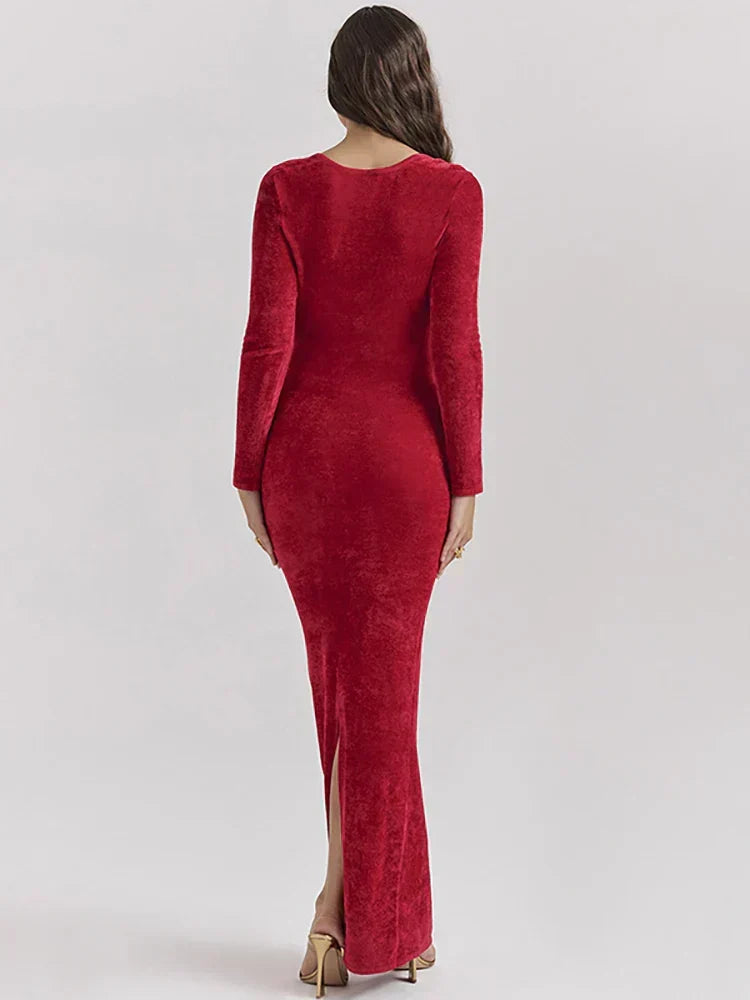 Deep V Sweetheart Long Sleeve Velvet Bodycon Maxi Dress