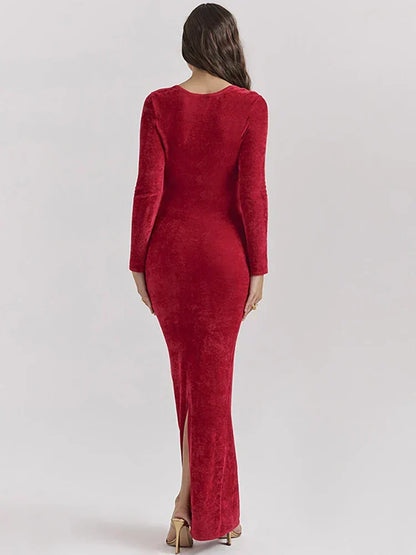 Deep V Sweetheart Long Sleeve Velvet Bodycon Maxi Dress
