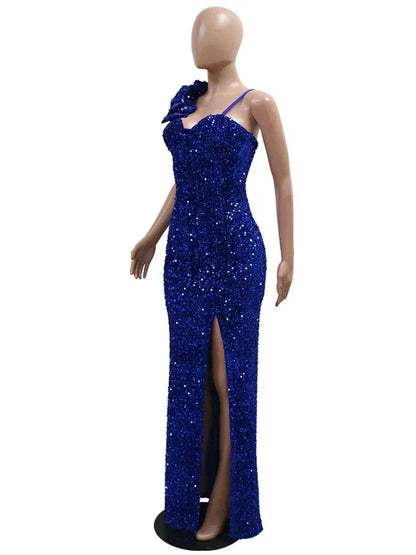 Sequin Sweetheart One Shoulder 3D Rosette High Slit Maxi Dress