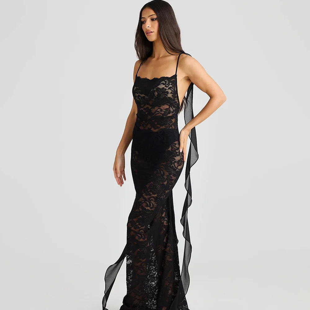 Lace Backless Spaghetti Strap Trailing Ribbon Ruffle Maxi Dress