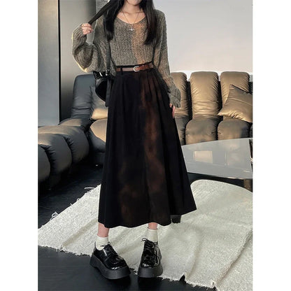 AmyVictoria | Classic Belt Corduroy Midi Skirt