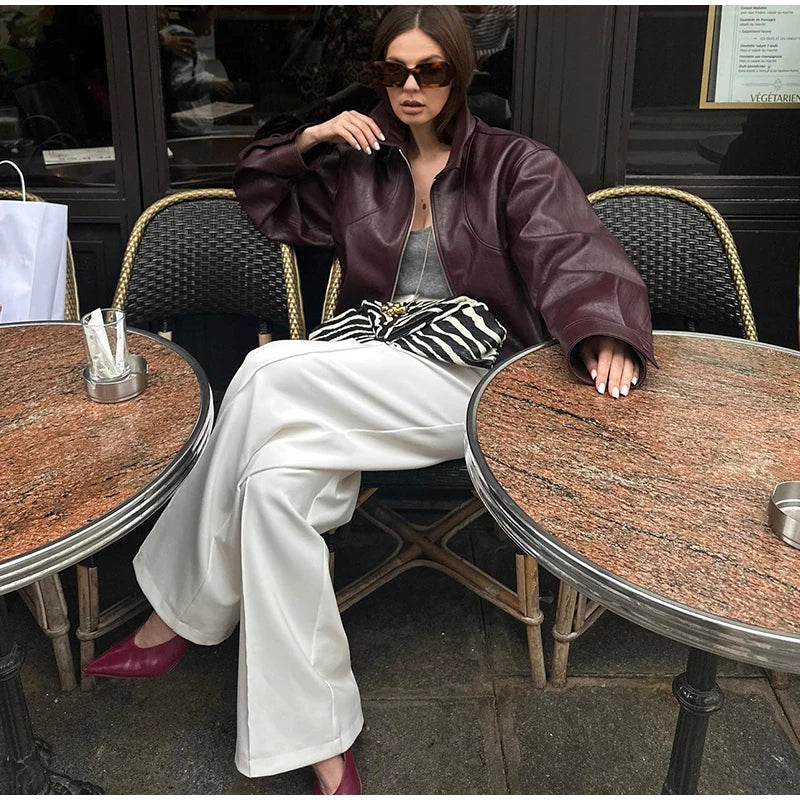 PU Leather Women Jackets Coats Casual Turn Down Collar Long Sleeve Zipper Female Motorcycle Top Coat Autumn Vintage Outwear