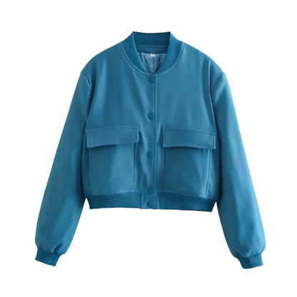 Basic Stand Collar Women Jacket Long Sleeve Cardigan Button Up Cropped Coat Baseball Outerwear Autumn Winter Clothes