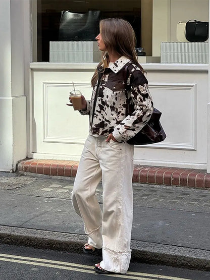 Chic Contrast Color Printed Demi-season Jacket For Women Fashion Lapel Single Breasted Lapel Coat 2024 New Lady High Streetwear
