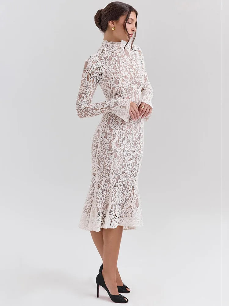 Floral Lace High Neck Long Sleeve Bodycon Midi Dress