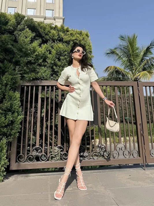Knitted Dress for Women Streetwear Vintage Fashion Dresses Solid Slim Button Short Sleeve Mini 2024 New Spring Summer Dress