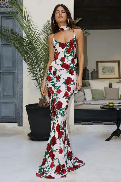 Floral Print Backless Maxi Dress