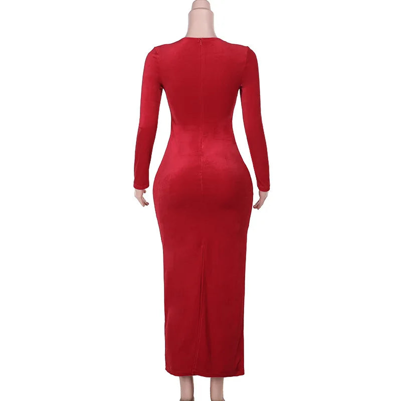 Deep V Sweetheart Long Sleeve Velvet Bodycon Maxi Dress