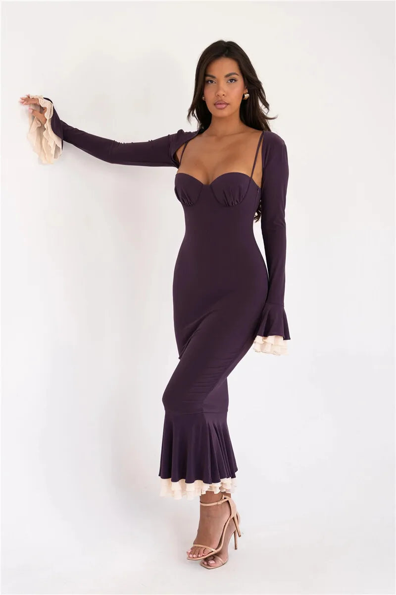 Spaghetti Strap Sweetheart Bolero Bell Sleeve Ruffle Fishtail Midi Dress