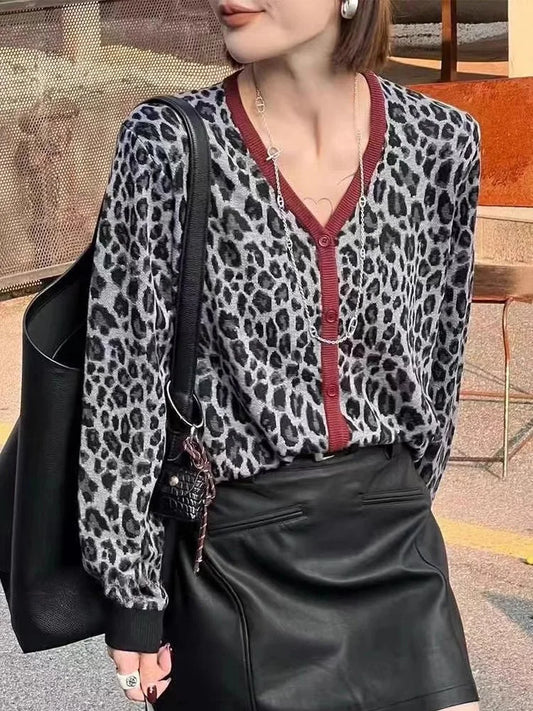 Knitted Sweaters for Women Fashion Vintage Long Sleeve Jumpers New Autumn Winter Leopard Loose Single Breasted Cardigan