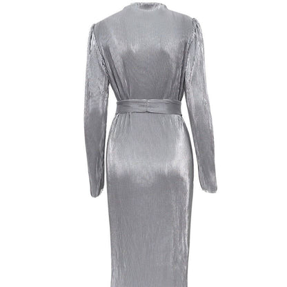Metallic Ribbed Pleated Long Sleeve Tie Waist Side Slit Midi Dress