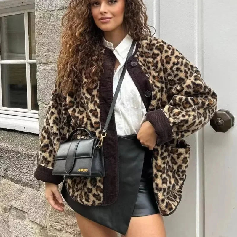 Vintage Leopard Print Single Breasted Jacket Women Elegant O Neck Long Sleeves Pocket Coat New Fashion Lady Warm Outerwear