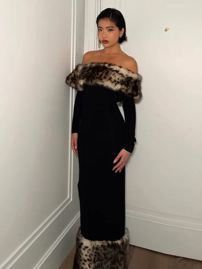 Off Shoulder Long Sleeve Faux Fur Trim Maxi Dress