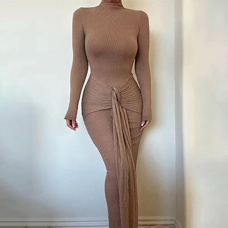 Mock Neck Long Sleeve Textured Knit Waist Tie Two Piece Set