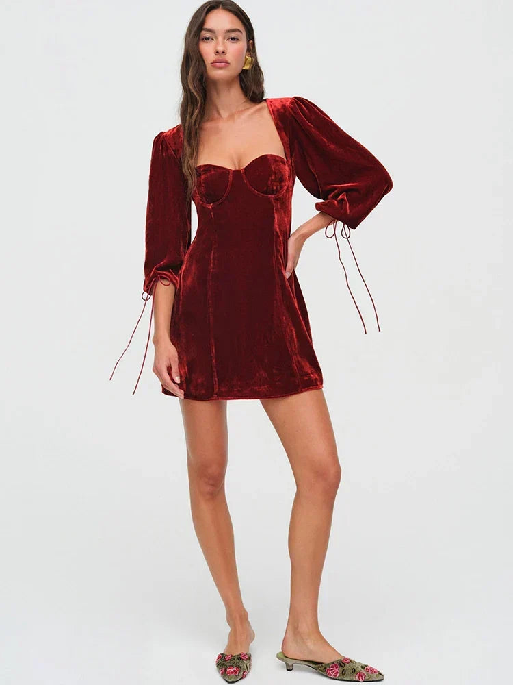 Velvet Puff Sleeve Tie Cuff Open Back Buckle Strap Mini Dress