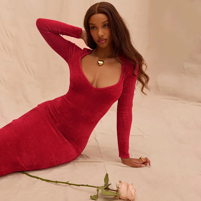Deep V Sweetheart Long Sleeve Velvet Bodycon Maxi Dress