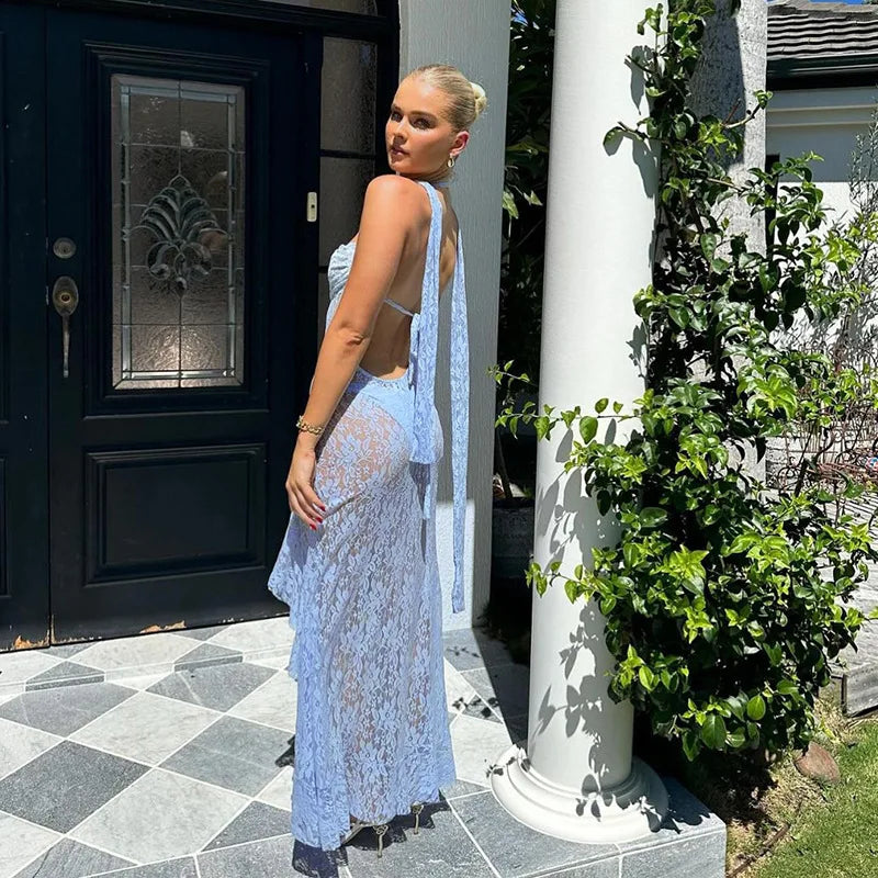 Sheer Lace Halter Neck Scarf Tie Open Back Side Slit Ruffle Hem Maxi Dress