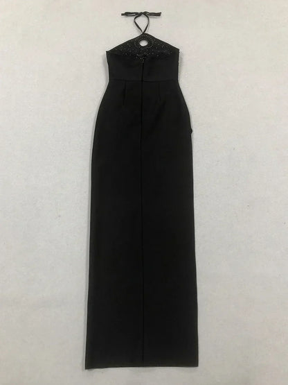 Halter Ring Cut Out Studded Thigh Slit Backless Maxi Gown