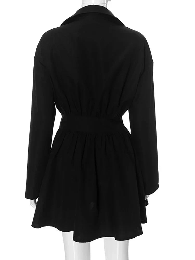 Point Collar Deep V Embroidered Waist Pleated Skater Mini Dress