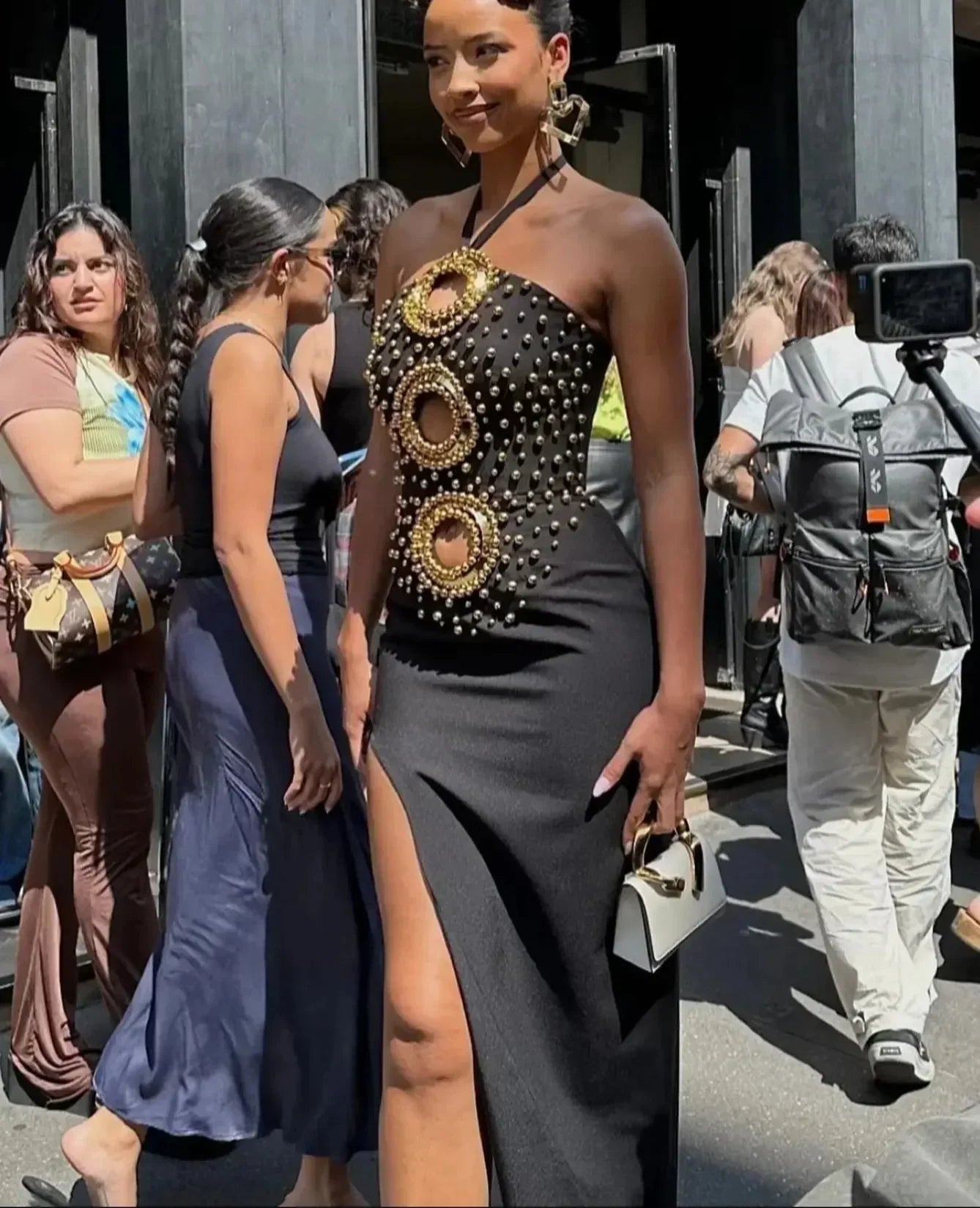 Halter Ring Cut Out Studded Thigh Slit Backless Maxi Gown