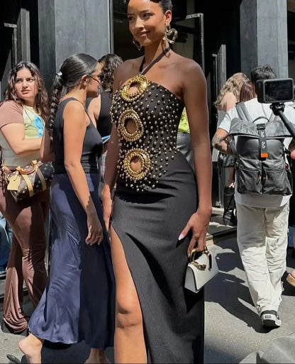 Halter Ring Cut Out Studded Thigh Slit Backless Maxi Gown