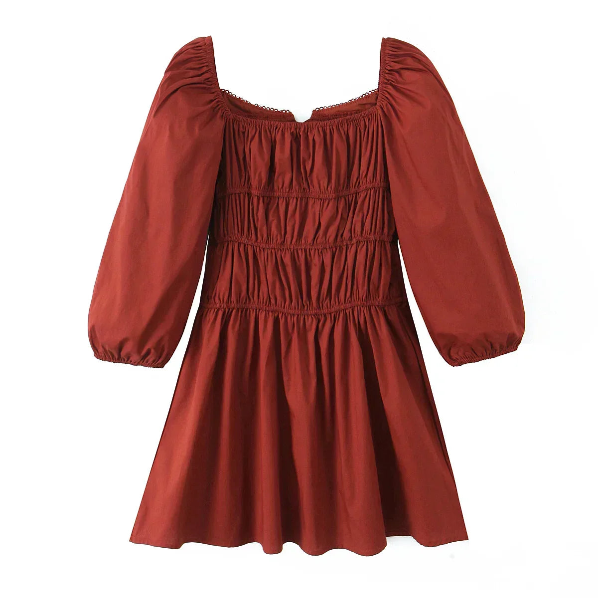Square Neck Bow Tie Puff Sleeve Smocked Waist Mini Dress