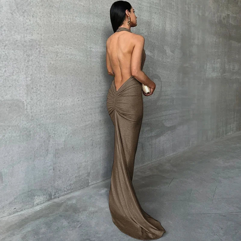 Halter Deep V Neck Metallic Shimmer Fishtail Maxi Gown