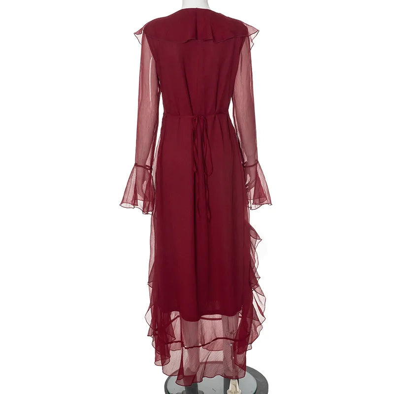 Ruffle Trim Flare Sleeve Deep V Neck Maxi Dress