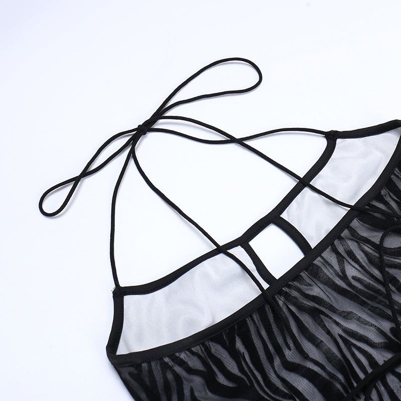 Zebra Print Flocked Mesh Halter Keyhole Cutout Bodycon Mini Dress