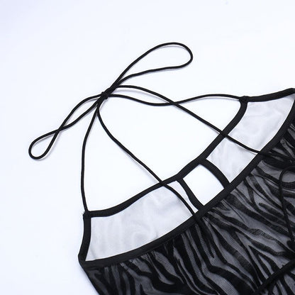 Zebra Print Flocked Mesh Halter Keyhole Cutout Bodycon Mini Dress