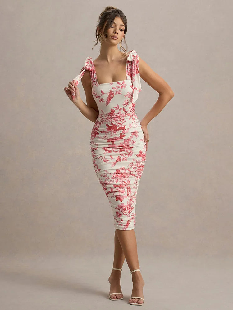 Floral Print Square Neck Tie Shoulder Strap All-Over Ruched Bodycon Midi Dress
