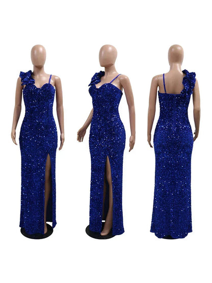 Sequin Sweetheart One Shoulder 3D Rosette High Slit Maxi Dress