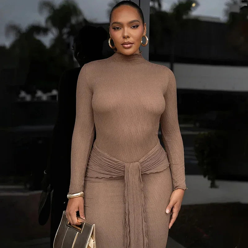 Mock Neck Long Sleeve Textured Knit Waist Tie Two Piece Set