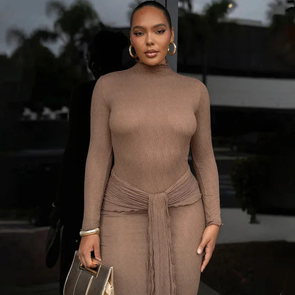 Mock Neck Long Sleeve Textured Knit Waist Tie Two Piece Set