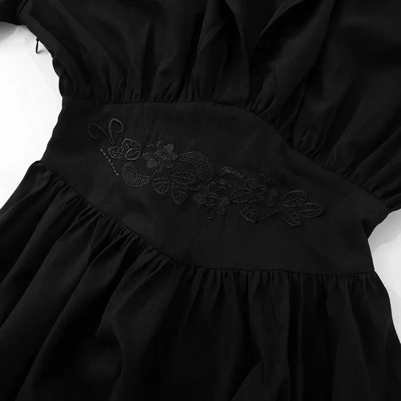 Point Collar Deep V Embroidered Waist Pleated Skater Mini Dress