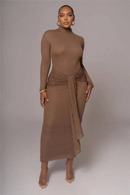 Mock Neck Long Sleeve Textured Knit Waist Tie Two Piece Set
