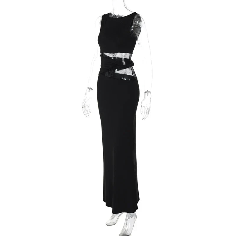 One Shoulder Lace Panel Waist Cutout Bodycon Maxi Dress