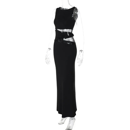 One Shoulder Lace Panel Waist Cutout Bodycon Maxi Dress